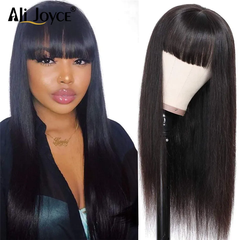 Long Straight Wigs With Bangs Brazilian Straight Human Hair Wig Natural Color Full Machine Made Glueless Straight Wigs For Women