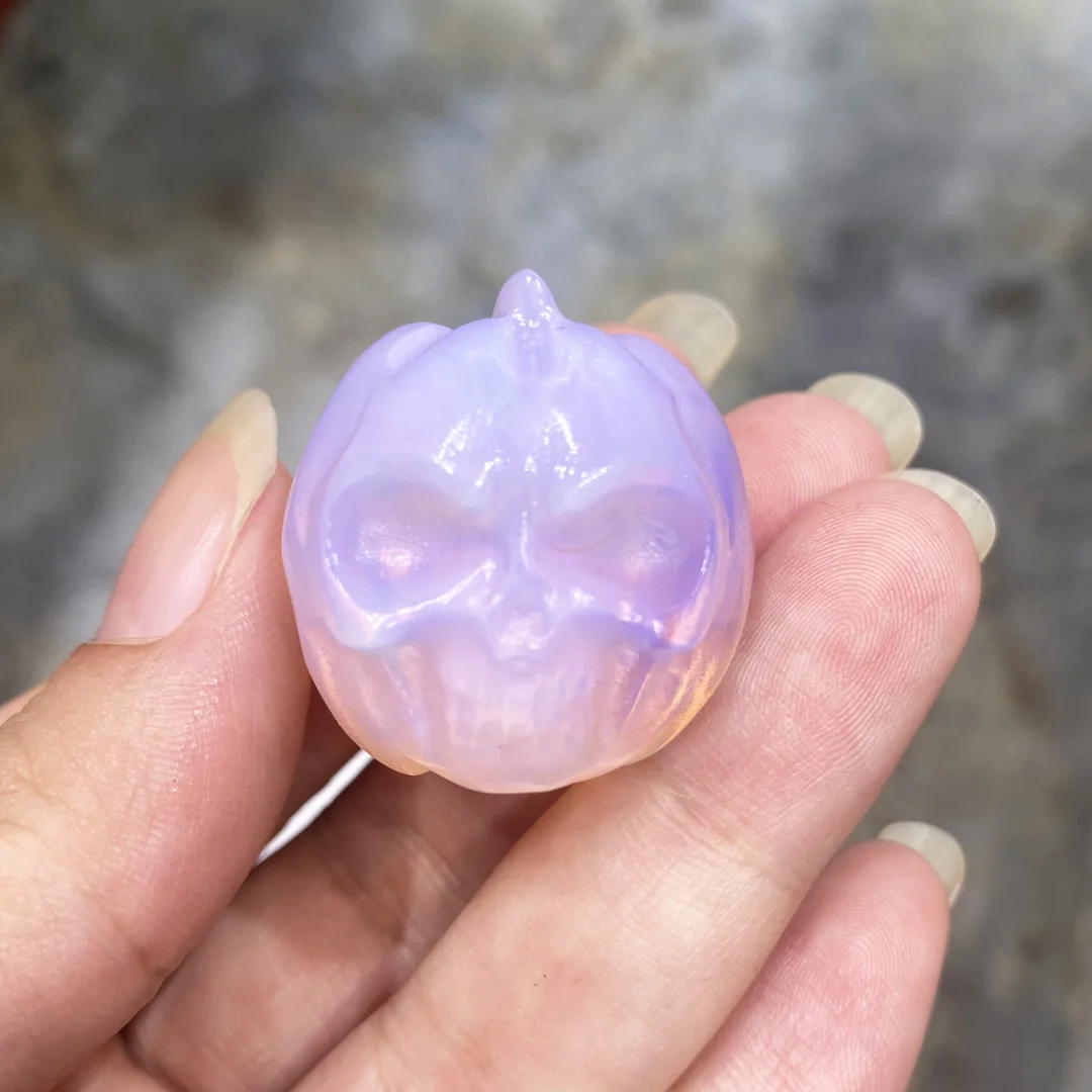 

1pc Natural Rose Quartz Crystals Stone Carved Pumpkin Skull Opal Healing Reiki Collectible Figurine Halloween Gift Home Deco