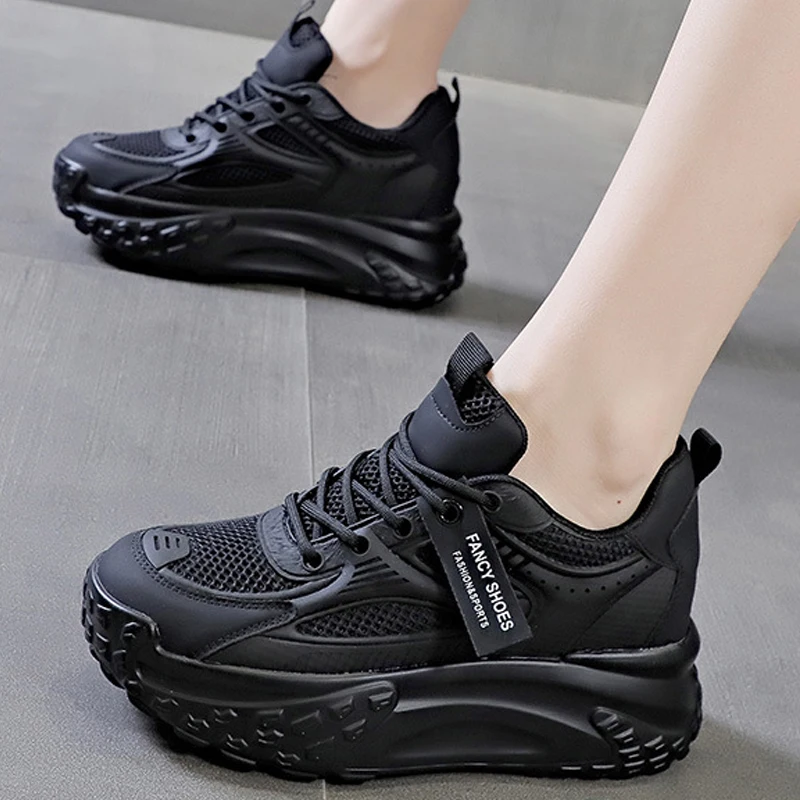 2023 New Genuine Leather 7cm Platform Wedge Air Mesh Breathable Women Casual Sneakers Female Summer Ladies Comfy Lace Shoes