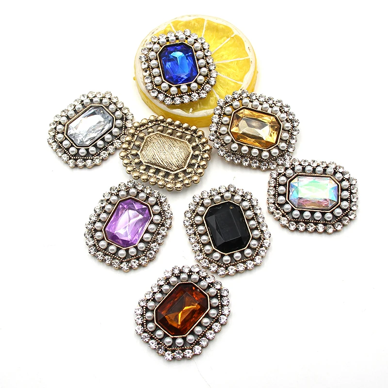 

5Pcs 29*34MM Retro Rectangular Alloy Rhinestone Pearl Flat Bottom Button Clothing Hair Accessories DIY Sewing Jewelry Accessorie
