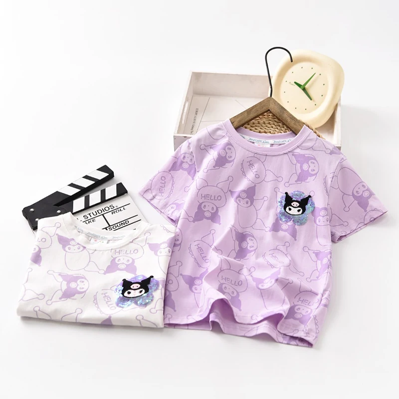 

Новинка 2023, летняя детская одежда Sanrio Kuromi, хлопковая футболка с коротким рукавом и принтом ледяного фарфора для девочек