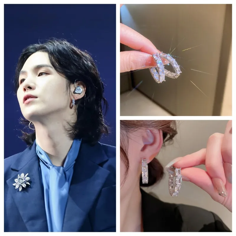2022 Korean New SUGA Same Style Zircon Hoop Earrings Metal Luxury Fashion Accessories Women Jewelry Wedding Couple Gift