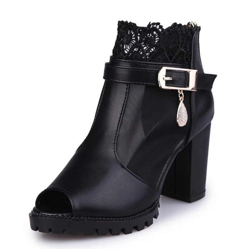 Sexy Women Sandals Mesh Lace 8CM Square High Heel Summer Shoes Woman Pumps Sexy Flower Net Hollow Peep Toe Gladiator Sandals