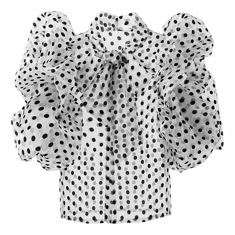Short Empired Chiffon Women Shirts Summer New 2021 Bow Neck Puff Sleeved Slim Dot Short Empired Elegant Office Lady Outwear Tops enlarge