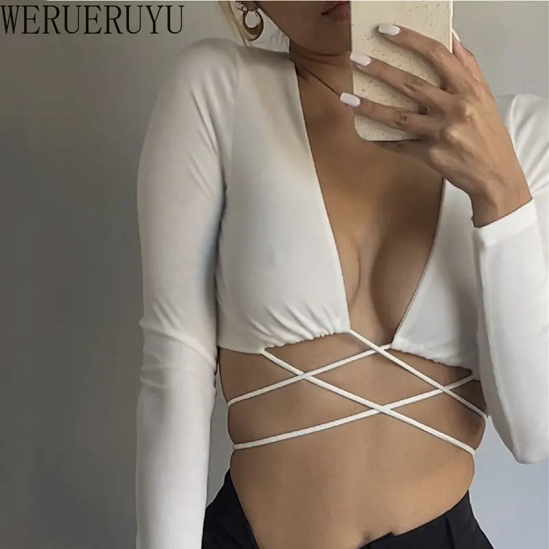 

New Sexy Crop Top Aesthetic Hollow Out Bandage T-shirts Women Spring Autumn Y2k Streetwear Clothes White Long Sleeve Tshirt 2023
