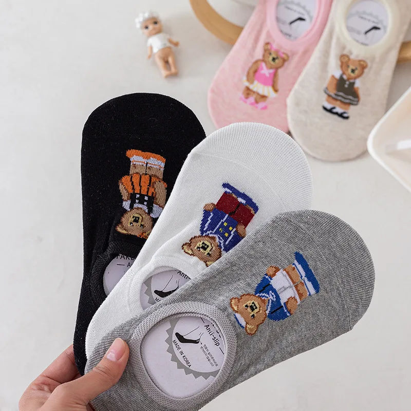5pc/2022 Spring and Summer New Bear Socks Women's Korean Version Cartoon Short Tube Tide Ins Shallow Mouth Invisible Woman Cute