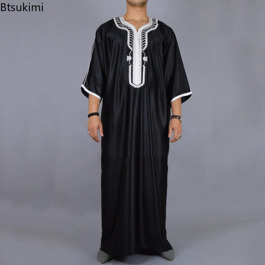 Muslim Fashion Men Black Middle Sleeve Dress Jubba Thobes Arabic Pakistan Dubai Kaftan Abaya Robes Islamic Clothing Saudi Arabia