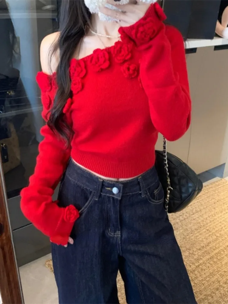 Ezgaga вязаный свитер для женщин с цветами открытыми плечами диагональный воротник