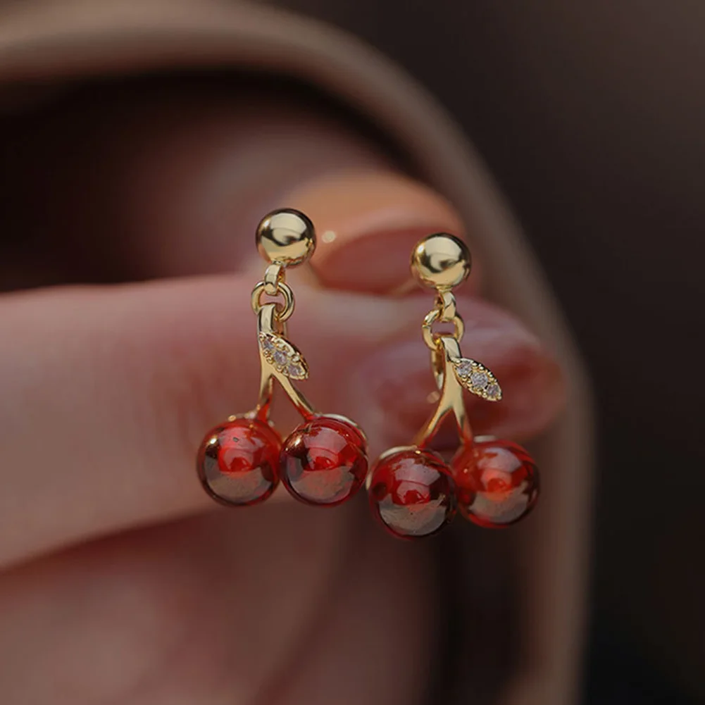 

New Sweet Cute Lovely Red Cherry Clip Earrings 1 Pair Suitable For Women Temperament Ear Studs Glass Cherry Stud Earrings