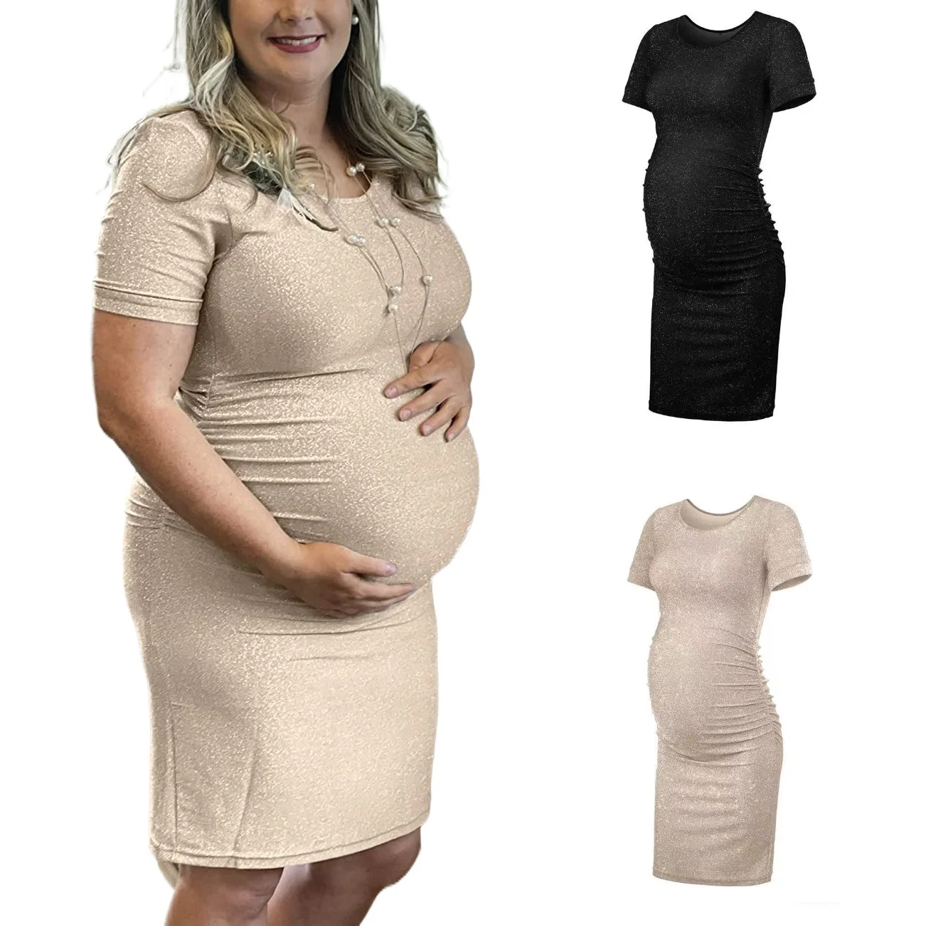 Glitter Maternity Dress Stretchy Ruched Side Photoshoot Bodycon Dresses Sparklty Pregnancy Dress for Baby Shower Daily Wear