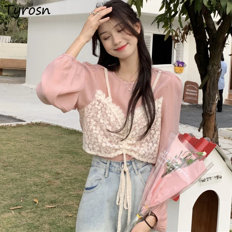 Blouses Women Lace Patchwork Design Fashion Korean Style Students Puff Sleeve Lovely Sweet Spring All-match Clothes Casual Ins