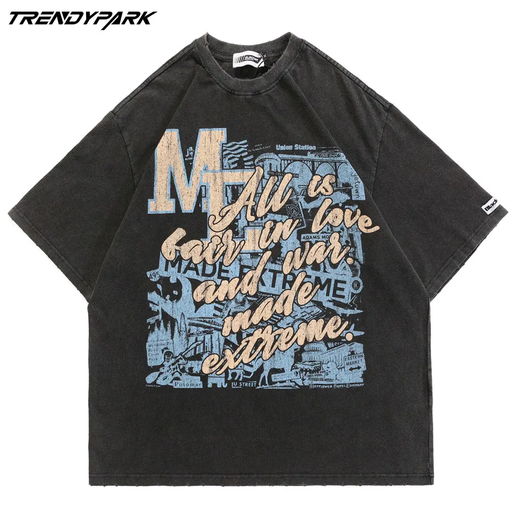 

T-shirt Men Fashion Letters Distressed O-neck Cotton Men's Clothing Summer Harajuku Streetwear Casual Hip Hop Oversized T-shirt