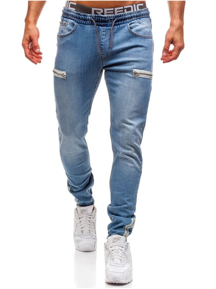 New Men's Jeans Scrub Zipper Lace Up Stretch Men's Jeans Black Denim Casual Sports Pencil Pants Fashion Slim Straight Pants