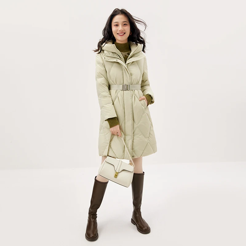 Design Hood Long  Jackets for Women  90%  White Duck Down  High Street  Winter  Parkas  Adjustable Waist  Zipper  Coats