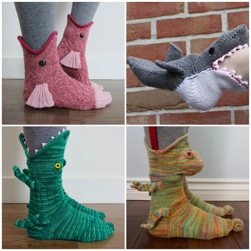 

Рождественские женские носки, тапочки, теплые зимние забавные Носки с рисунком акулы, рыб, животных, двойная вязка, обувь для пола для мужчин и женщин