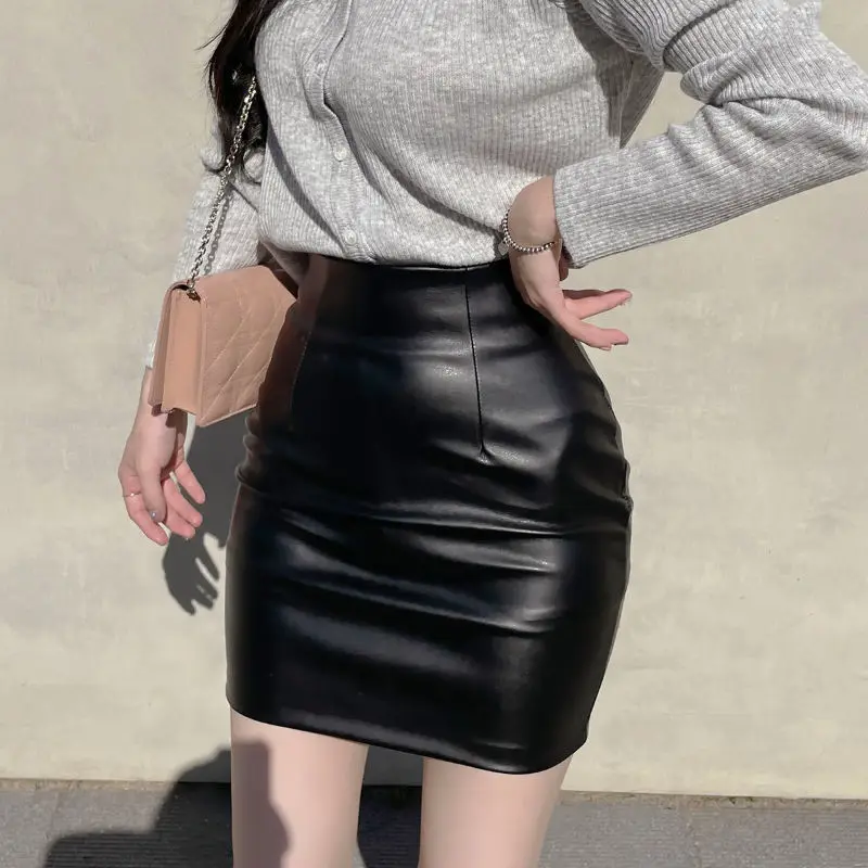 

Y2K Black Mini Pu Leather Skirt Women Korean Fashion High-Waisted Elasticity Punk Style Bodycon Goth Sexy Skirts Female