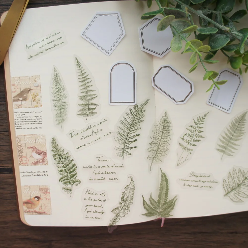 

38pcs Pen Drawing Tropical Fern Leaf Style PVC Sticker and Writing Mini Card Scrapbooking DIY Gift Packing Label Decoration Tag