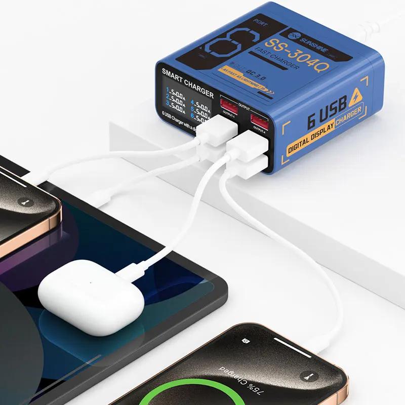 SUNSHINE SS-304Q 6-портовый USB-цифровой дисплей Быстрая зарядка QC3.0 Совместимость с