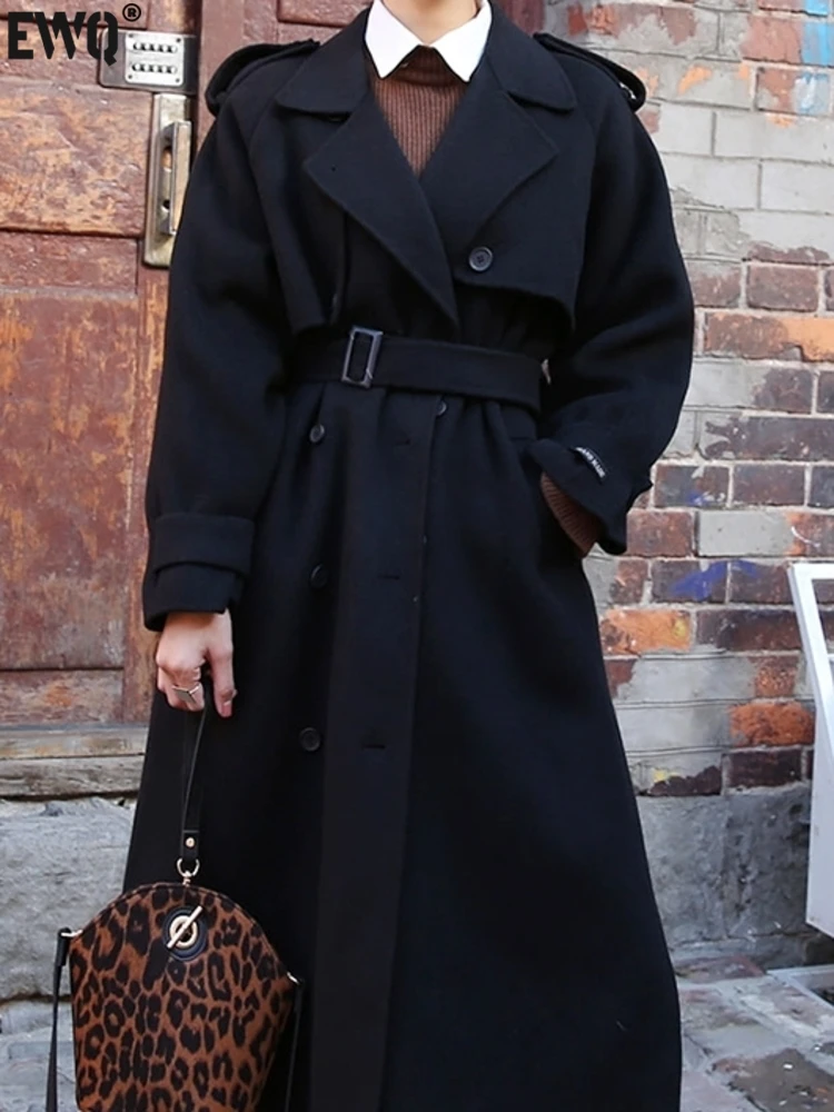 

[EWQ] Elegant Women Black Woolen Coat Double Breasted Long Sleeve With Waistband Overgarment Coat 2023 Autumn Winter New 16U4682
