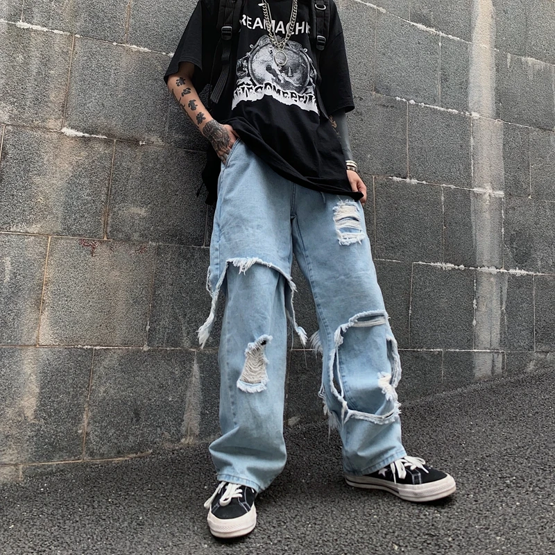 Irregular Ripped Hole Denim Pant Woman Man Straight Techwear Black Baggy Patchwork Jeans Punk Kpop Harajuku Streetwear Hip Hop