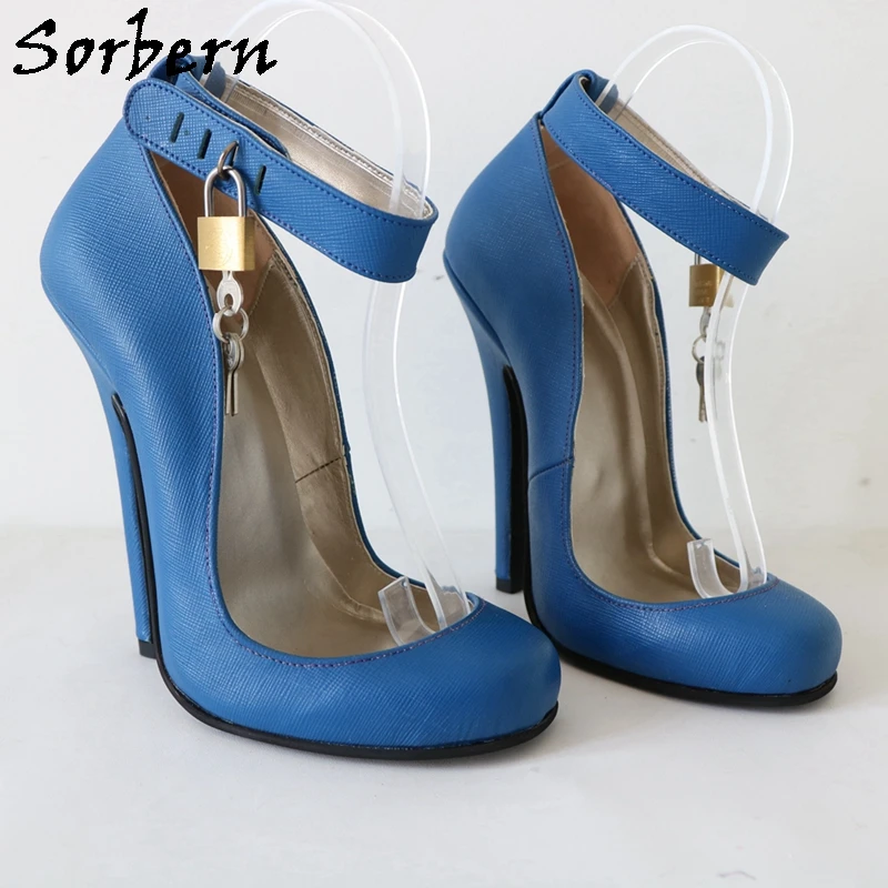 Sorbern Retro Burlesque Showgirl Pump Shoe Sissy Boy Ankle Locks with Key Round Toe Real Leather 16cm High Heel Shoe