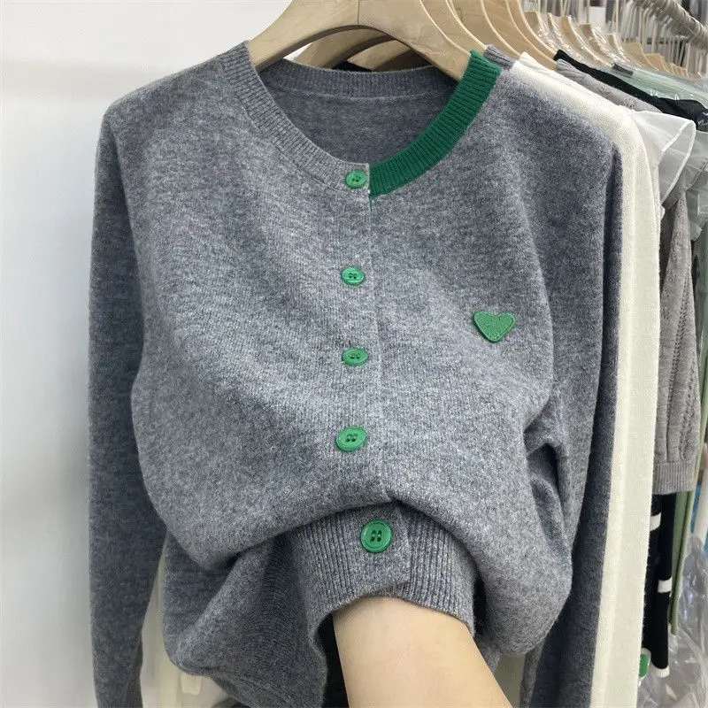 

Korean Fashion Round Neck Contrasting Cropped Cardigan Women's Coat 2023 New Loose Fitting Fashion Knitted Cardigans