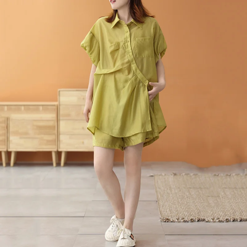 

SeeBeautiful Two Pieces Lapel Short Sleeve Single Breasted Loose Shirt Elastic Waist Shorts Set Summer 2022 New Women Q383