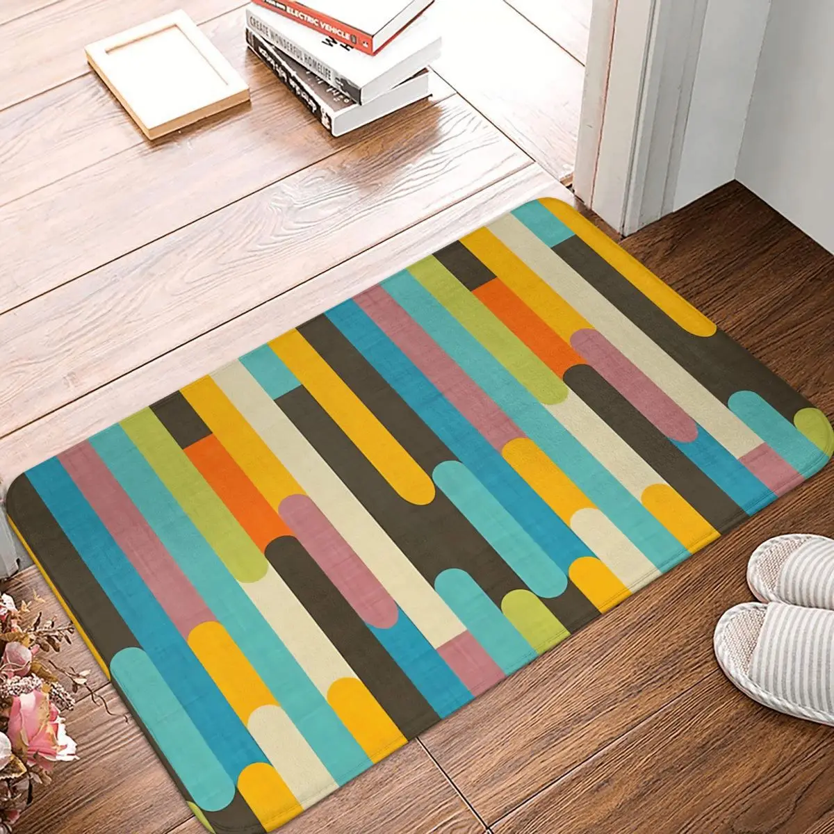 

NK Non-slip Doormat Kitchen Mat Retro Color Block Popsicle Sticks Blue Balcony Carpet Entrance Door Rug Home Decor