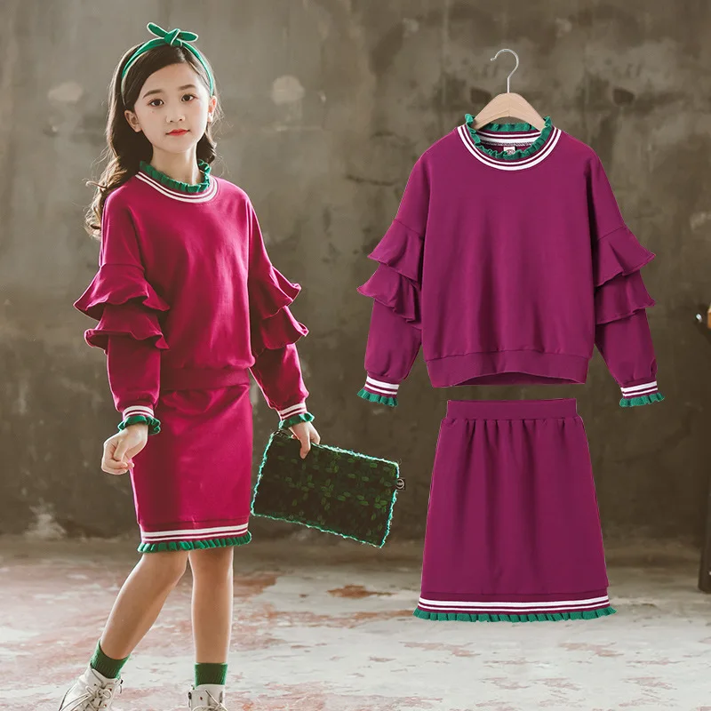 

2022 spring teenager kids girl retro Clothes Sweater hoodie flounce sleeve + sexy Sheath skirt Vestido thick 7 8 9 10 11 12 Year