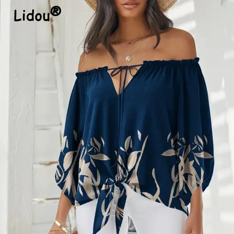 

Summer Autumn 2022 Elegant Fashion Lantern Sleeve One Word Collar Sexy Loose Wild Off Shoulder Women Three Quarter T-Shirt Hot