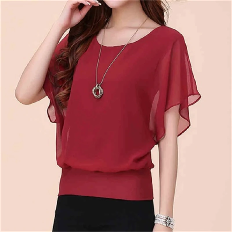 

Summer Chiffon Shirt Short Sleeve 2022 New Women Chiffon Blouse Bat Sleeve Loose Solid Color O-neck Female Top Blusas De Mujer