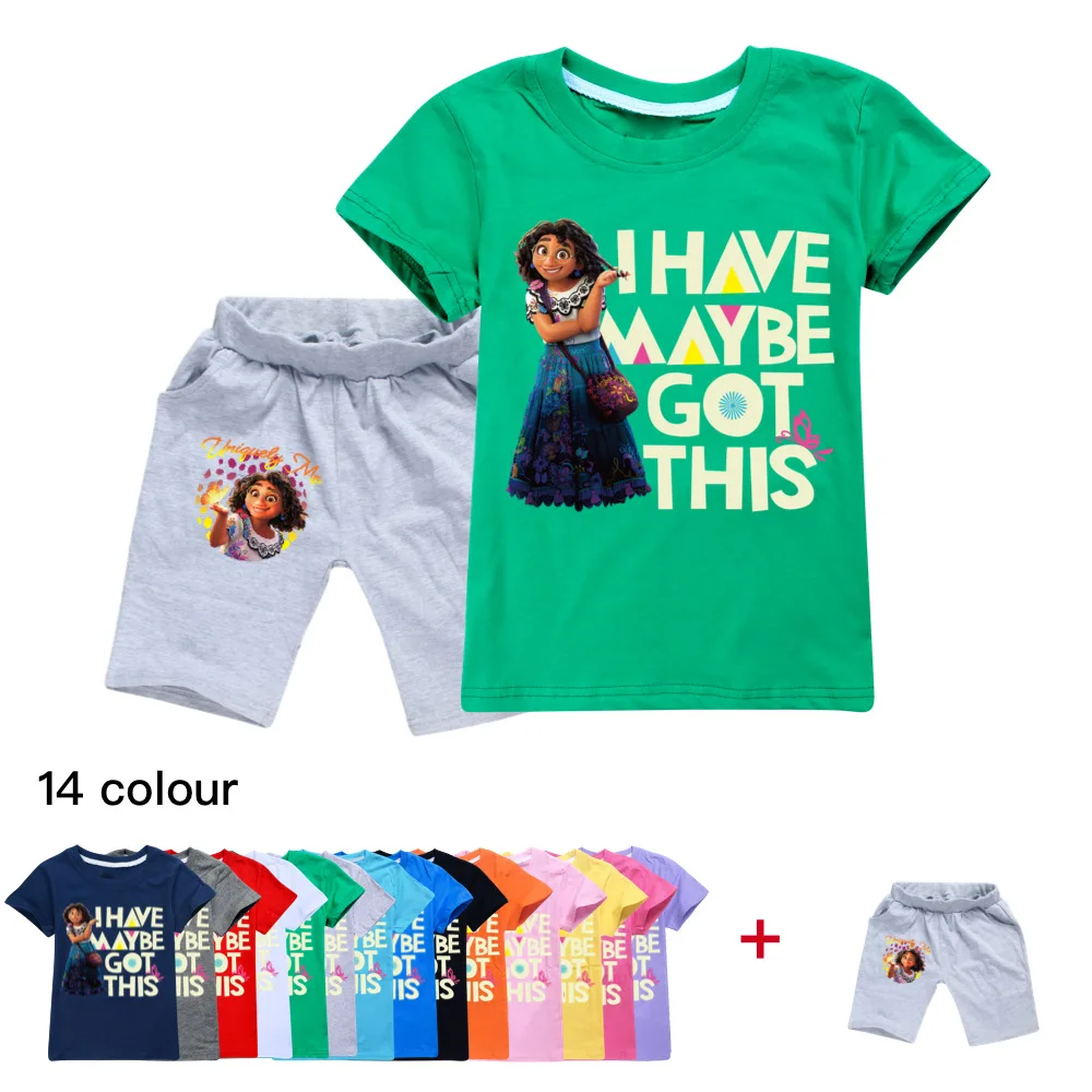 

2022 New Disney Summer Encanto Cartoon Letters Printed Cotton Casual Comfortable Cute Boys and Girls T+ Shorts Suit 2-16Y