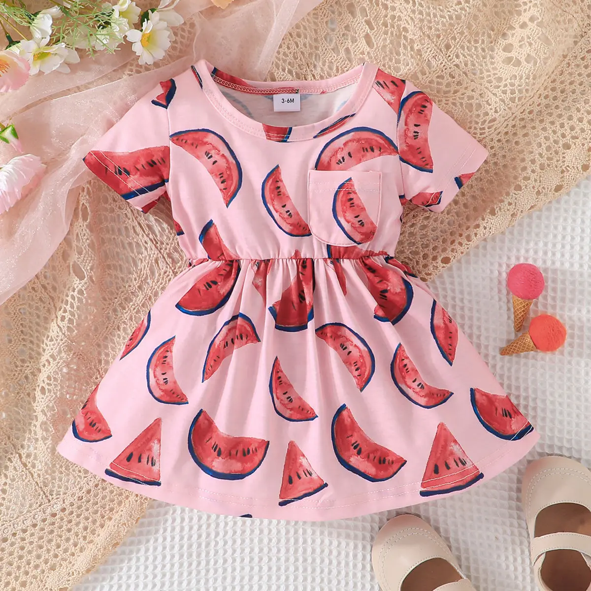 

Summer 2023 New Arrivals Girls Short Sleeve O Neck Print Watermalon Pink Infantil Menina Cute Party Dress Custume 0-2T