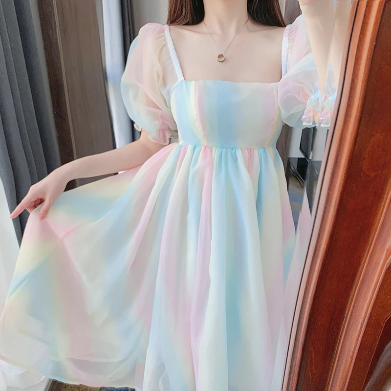 

Summer Elegant Rainbow Fairy Dress Women Kawaii Designer Print Sweet Dress Female High Waist Casual Sweet Party Dress 2021