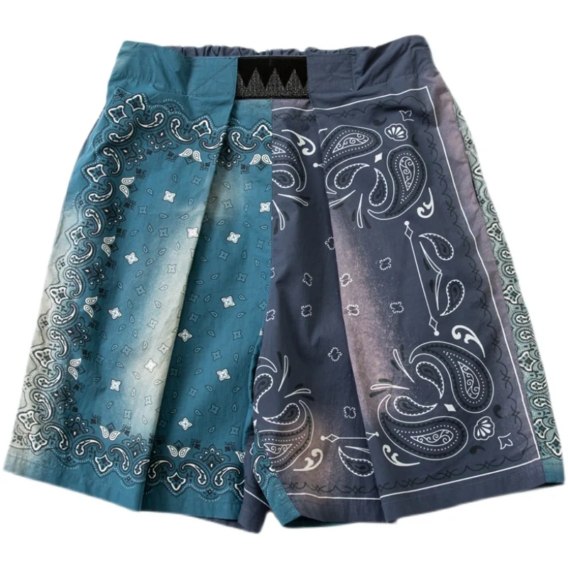 Japanese Star Tie Dyed Cashew Blossom Patchwork Contrast Shorts with Variable Tightness Summer Loose Printed Pants Men