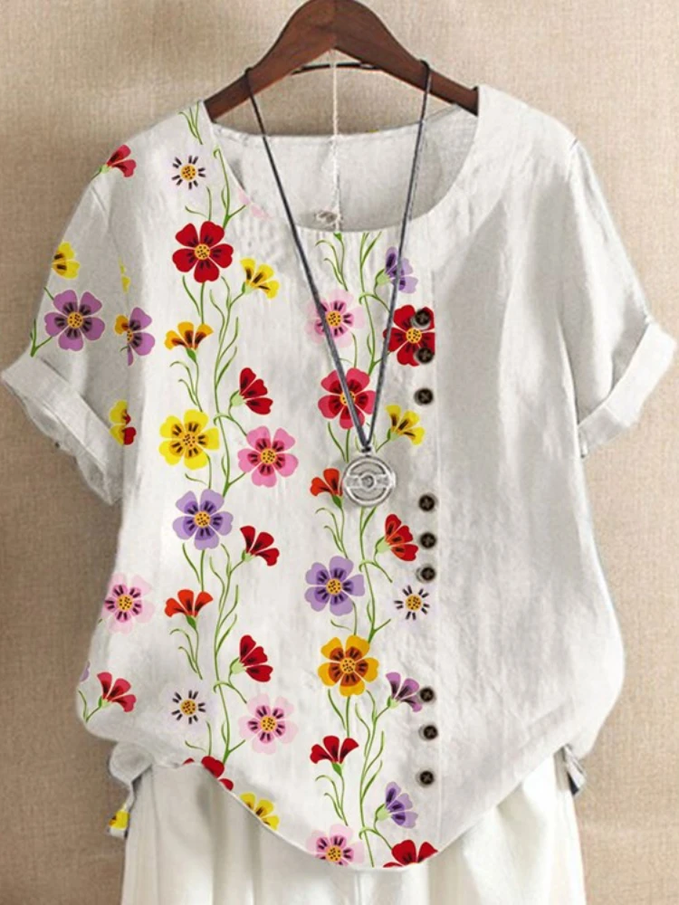 

Женская рубашка с коротким рукавом, свободная повседневная футболка с цветочным принтом и пуговицами, топ большого размера, женские футбол...