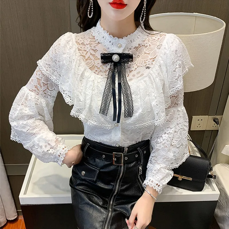 E GIRLS Elegant Blouse Women's Clothing Spring Autum Shirt Lace Ruffle Office Lady Smock Vintage Chic Woman Social Blouses