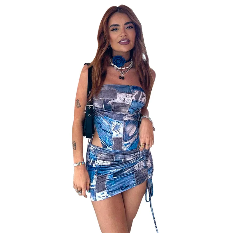 Europe Streetwear 2023 Summer Sexy Women Cowboy Print Jumpsuits Style Zipper Design T-shirt Female Spring Spicy Girl Clothes Y2k