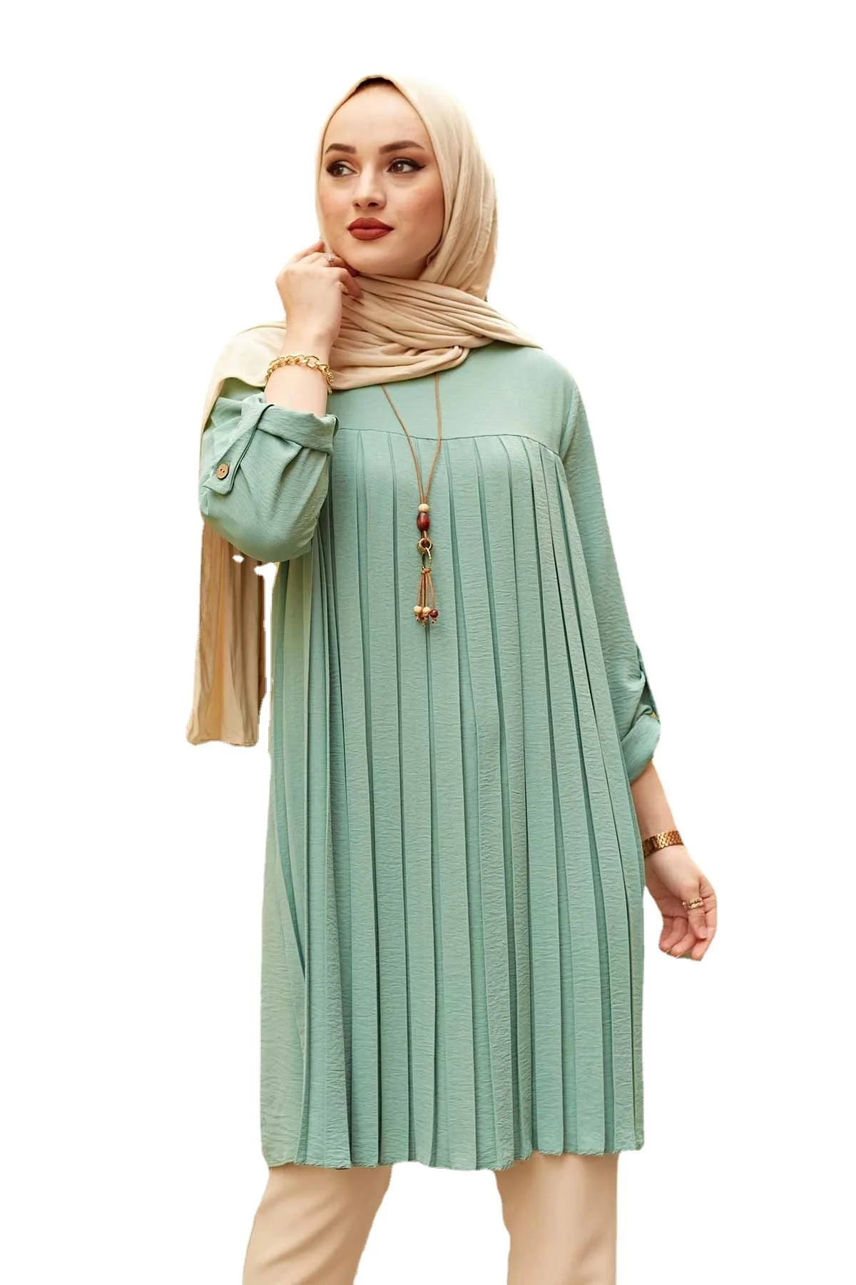 Dubai Muslim Woman Muslim Tops Women Abaya Vintage Pleated Tunic Long Sleeve Blouse Plaid Spring Autumn Warm Shirt Clothes Ladie