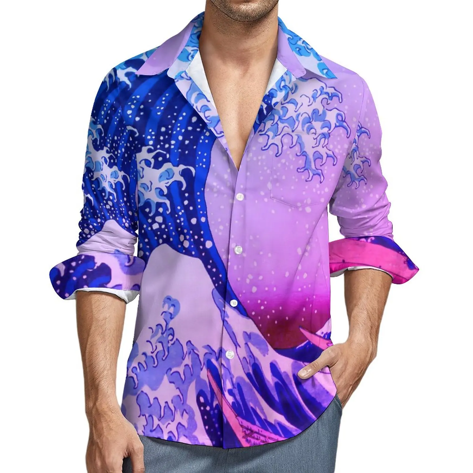 

Рубашка Kanagawa с рисунком Великой волны, мужские повседневные рубашки в японском стиле, уличные графические блузки с длинным рукавом, новинка, Топ оверсайз в подарок