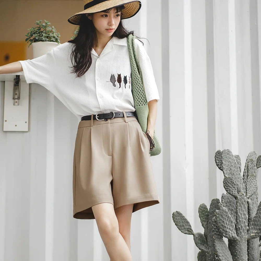 Madden Women's American Retro Pleated Capris Summer Casual Versatile Shorts A-line Mid Waist Slim Wide Leg Pants