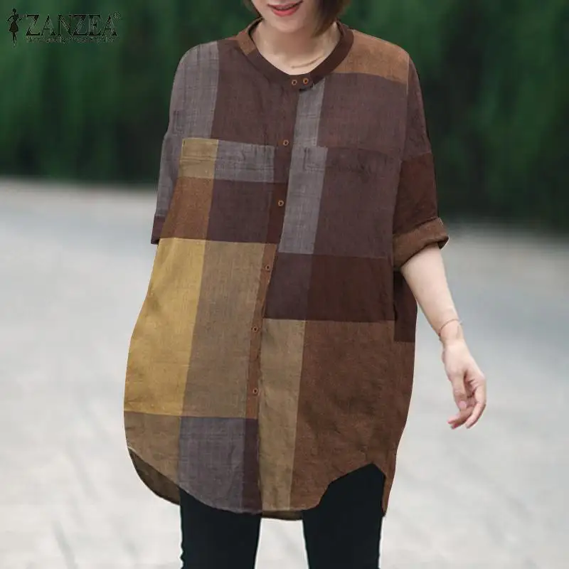 

Half Sleeve Blouse O-Neck Grid Printed Button Tops Front Pockets 2022 ZANZEA Spring Women Irregular Casual Loose Elegant Chemise