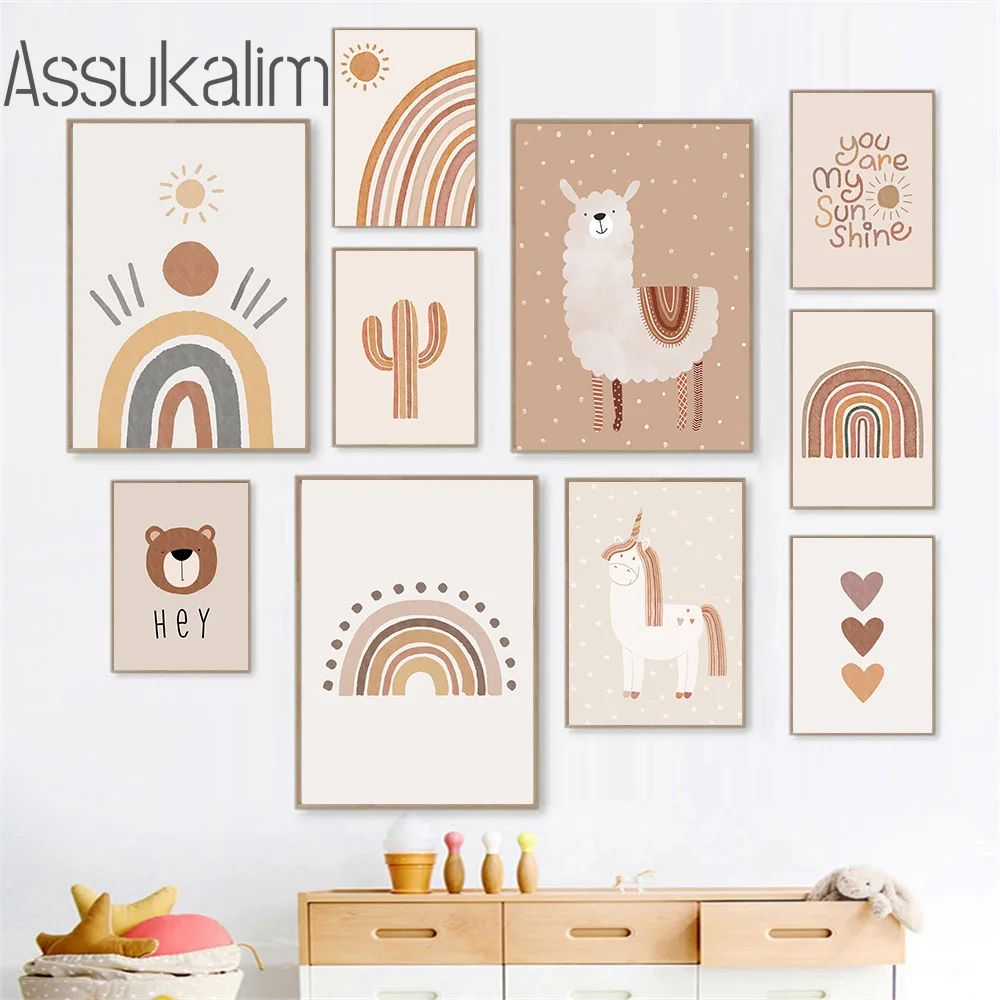 

Boho холст настенное искусство радужные картины сердца Единорог медведь Альпака настенные плакаты фотография детской комнаты украшение дет...