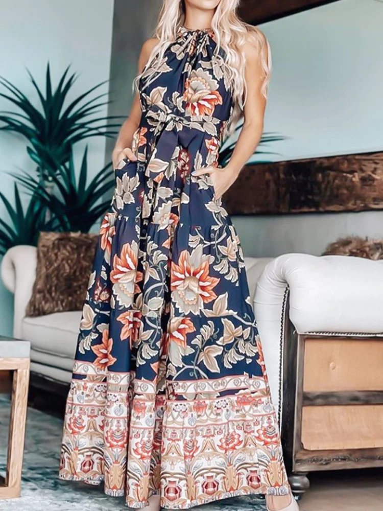 

Sexy Halter Sleeveless Pleated Long Dress Elegant Floral Print Lace-up A-Line Party Dress Summer Casual Pocket Boho Beach Dress