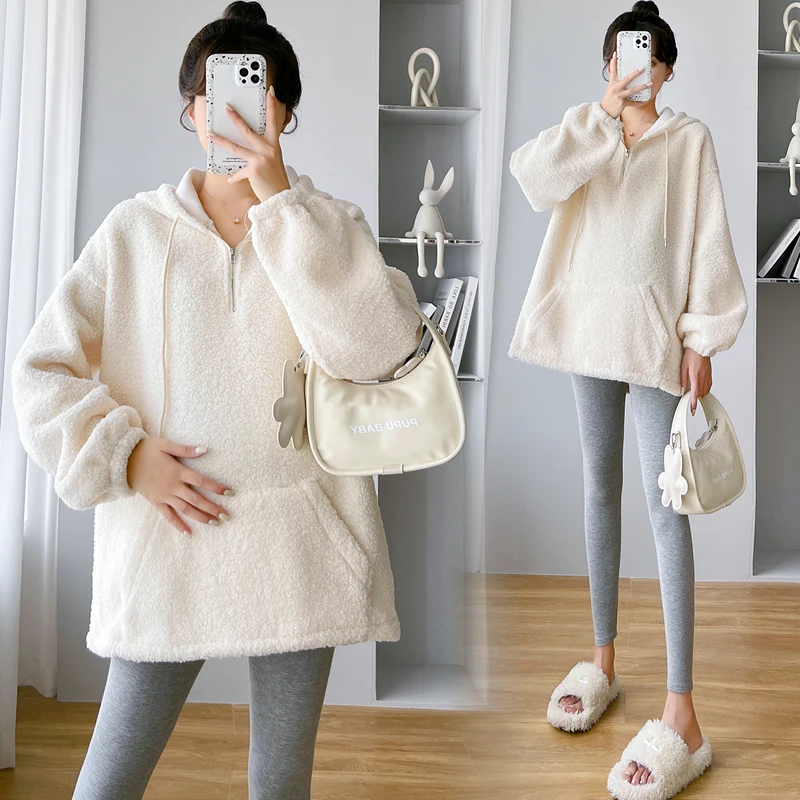 

6021# Autumn Winter Thick Thermal Fleece Maternity Hoodies Fashion Loose Sweatshirt Clothes for Pregnant Women Pregnancy Tops