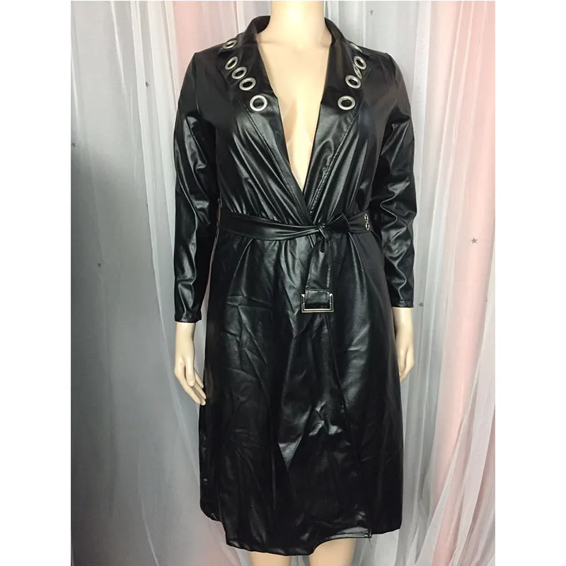 Women New Plus Size PU Faux Leather Jackets Long Sleeve Eyelet Sexy Deep V-neck with Belt Pleated Swing Long Coat Windbreaker