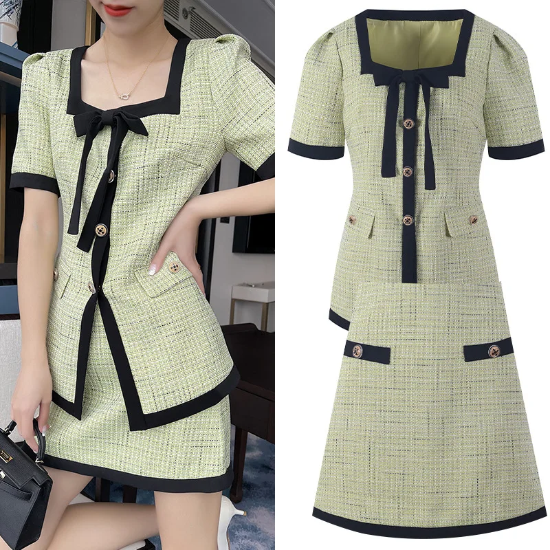 Women Square Collar Bow Chic Tweed 2 Piece Set Women Jacket Coat + Mini Skirt Suits Female Vintage Small Fragrant Two Piece