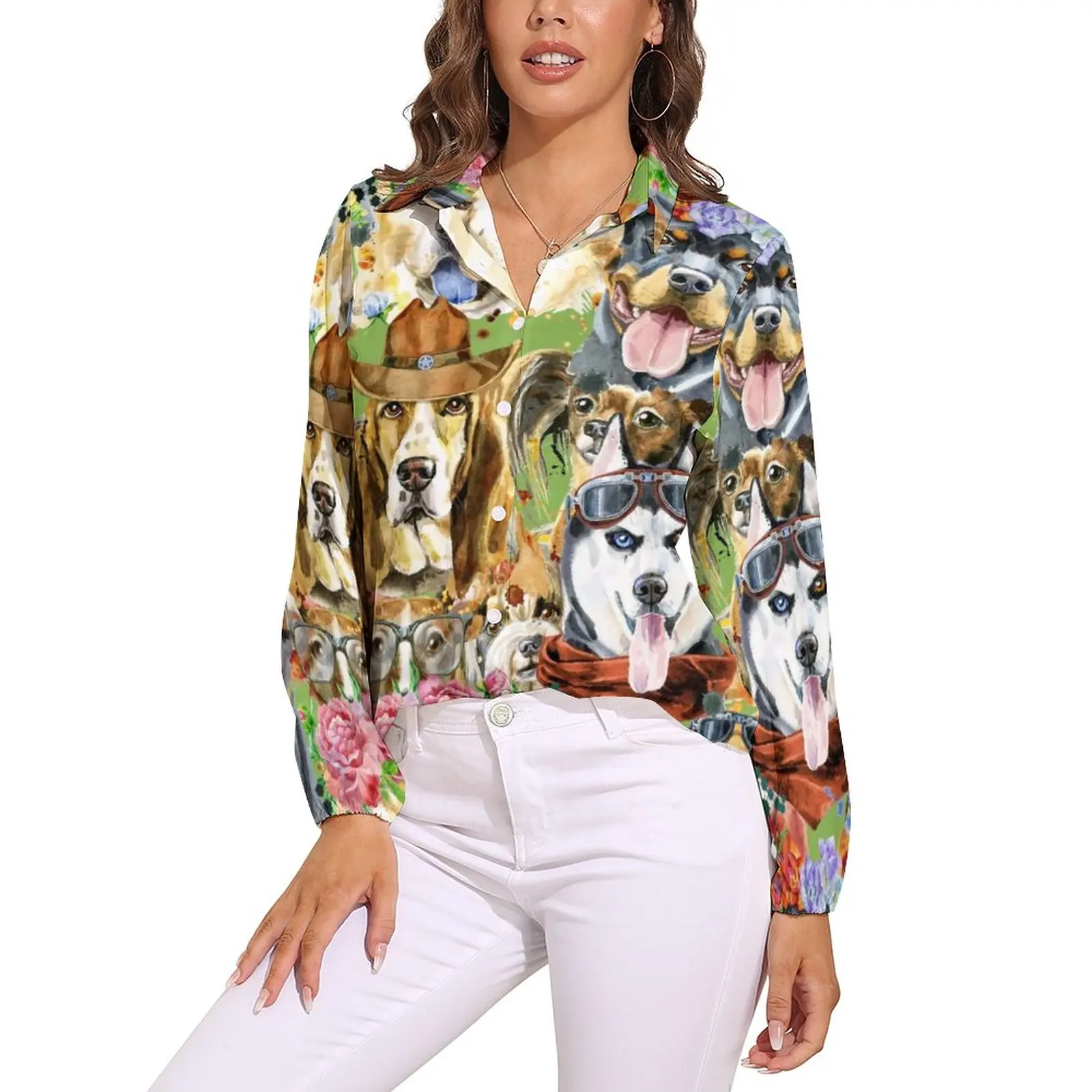 

Funny Dog Loose Blouse Flower Dogs Collection Art Casual Oversized Blouses Women Long Sleeve Cute Shirts Summer Design Clothes