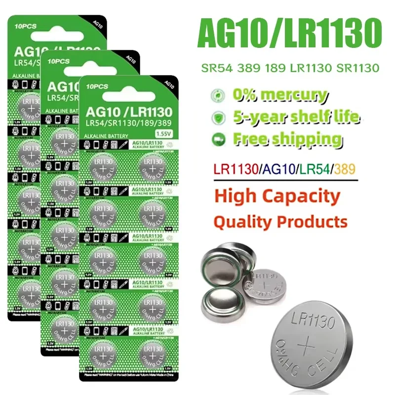 Фото LR1130 AG10 Кнопочный элемент 1,55 В SR54 389 189 SR1130 D189 LR54 Батарейки G10A SR1130SW Монета Часы Игрушки Дистанционный аккумулятор №2