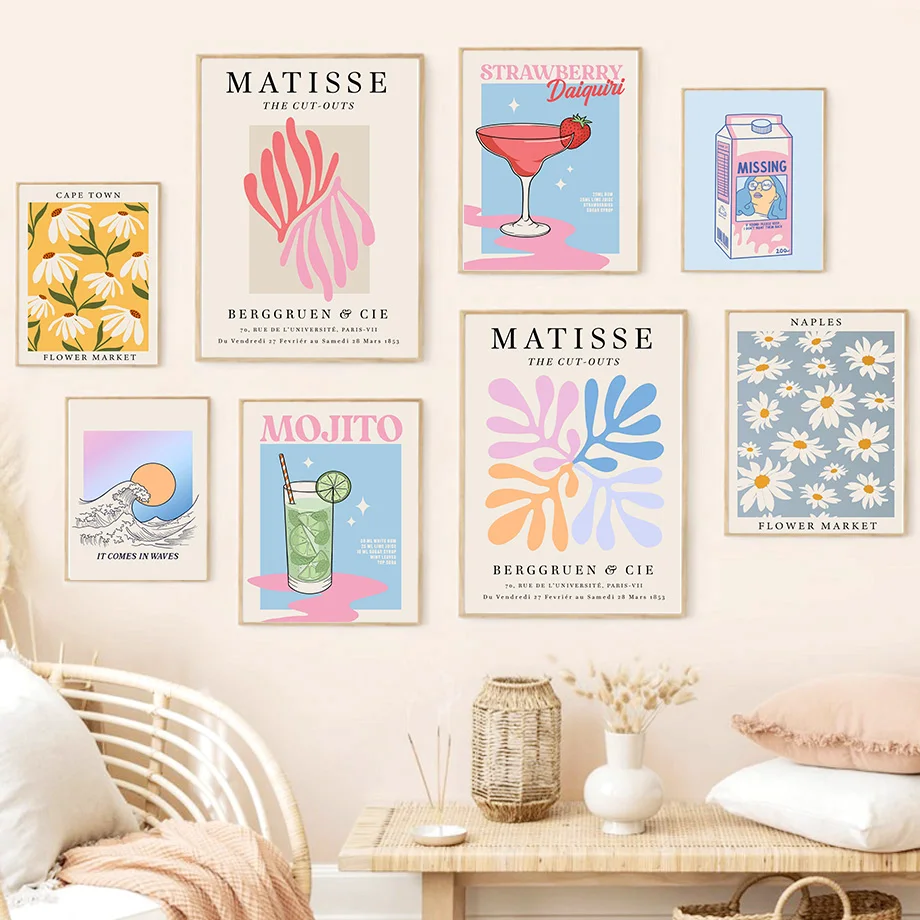 

Абстрактные настенные постеры Matisse с изображением цветов на рынке Мохито, коктейлей, Картина на холсте и принты, настенные картины для декор...